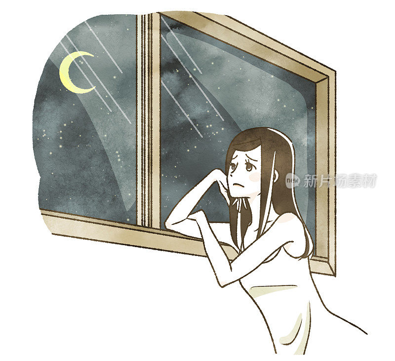 Woman looking out the window at night